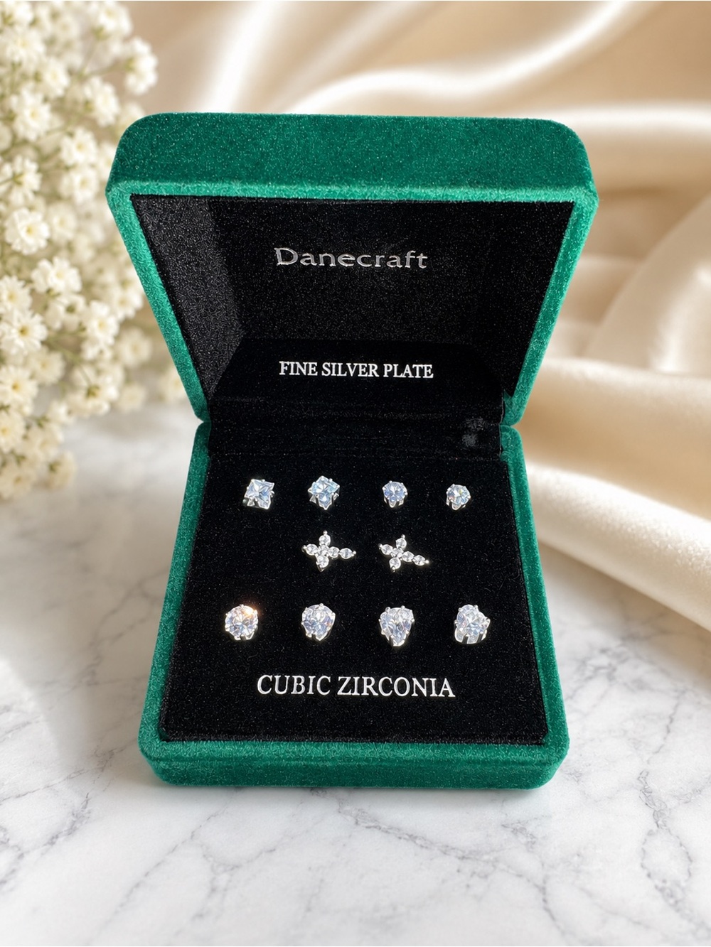 “Vintage Danecraft Cubic Zirconia Earrings Set Fine Silver Plate –